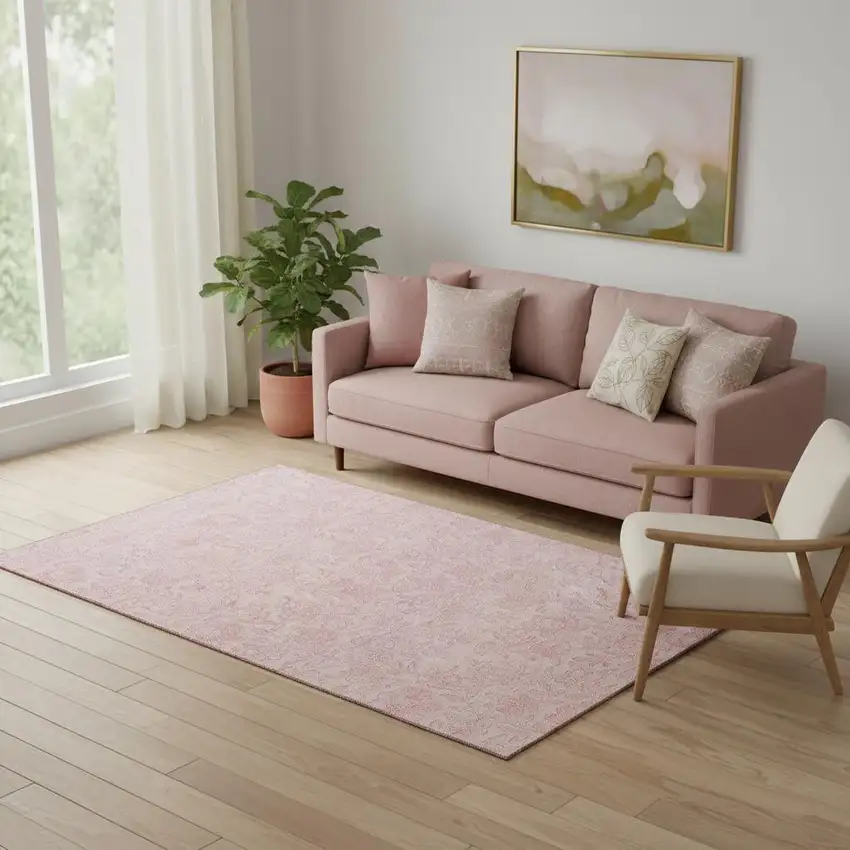 Pink And Ivory Floral Washable Area Rug With UV Protection Photo 1