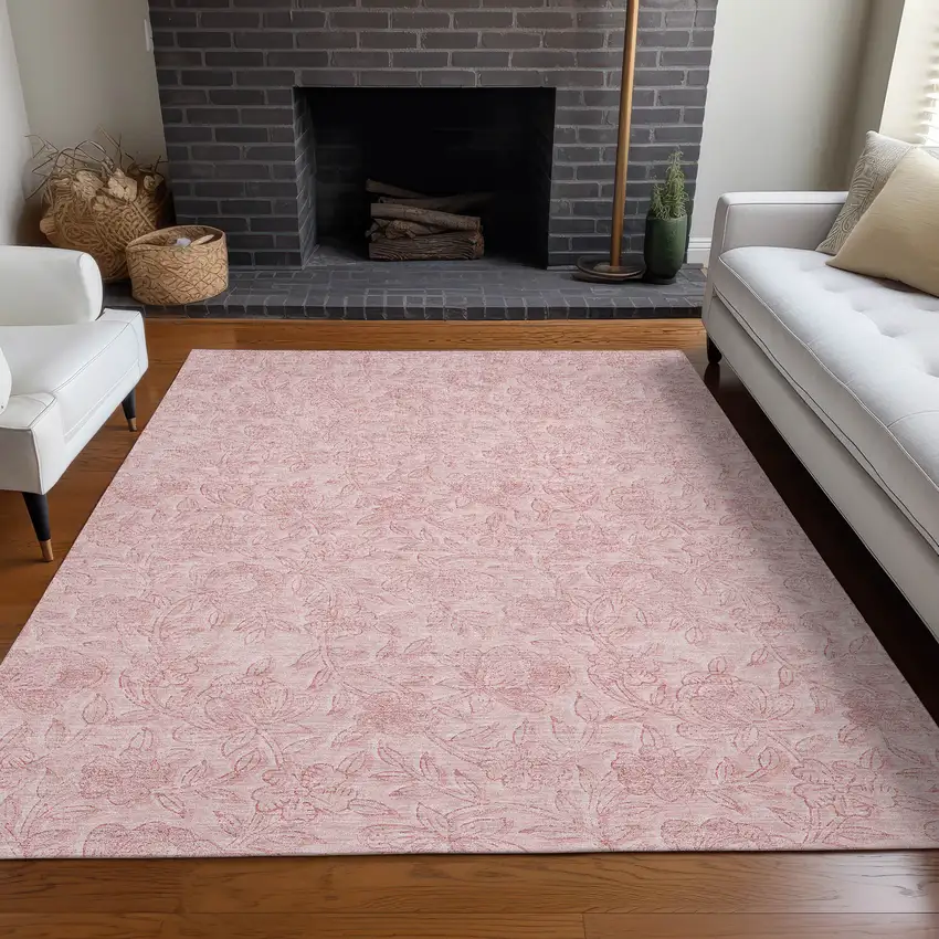 Pink And Ivory Floral Washable Area Rug With UV Protection Photo 5
