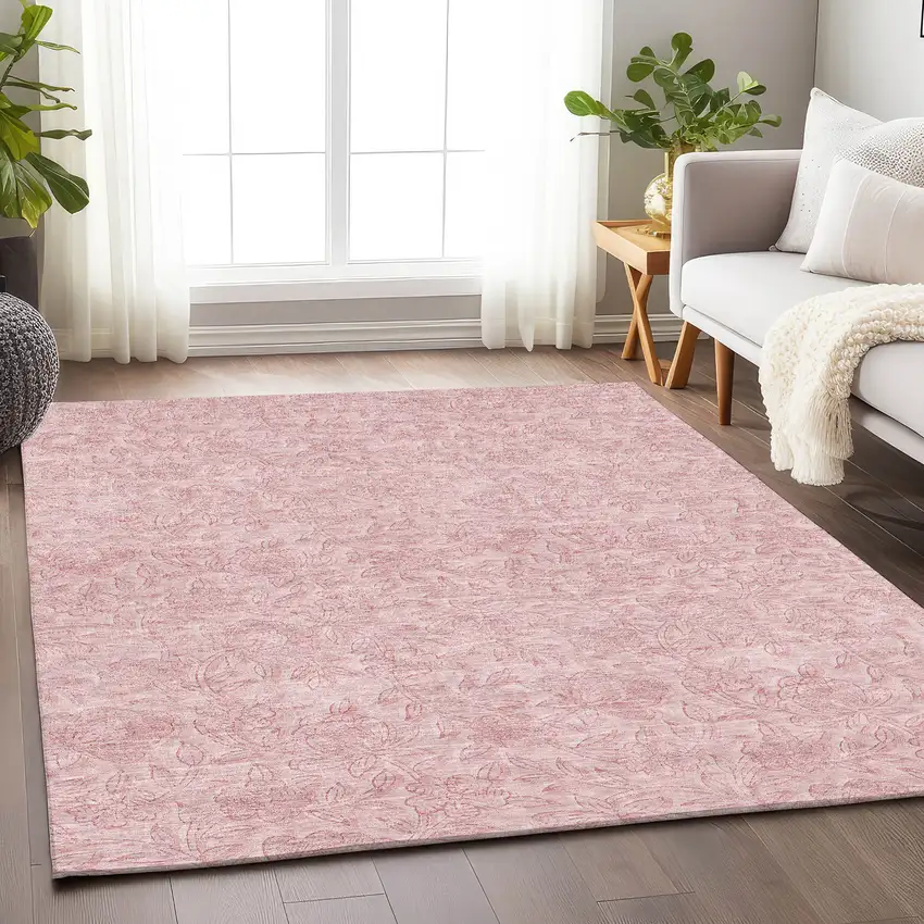 Pink And Ivory Floral Washable Area Rug With UV Protection Photo 6