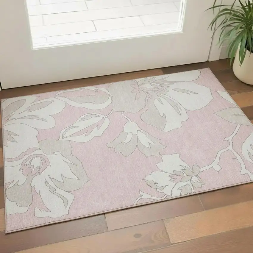 Pink And Ivory Floral Washable Area Rug With UV Protection Photo 1