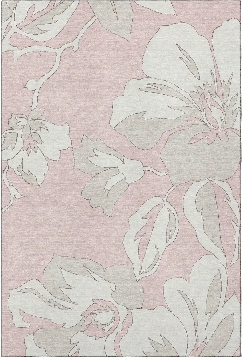 Pink And Ivory Floral Washable Area Rug With UV Protection Photo 3