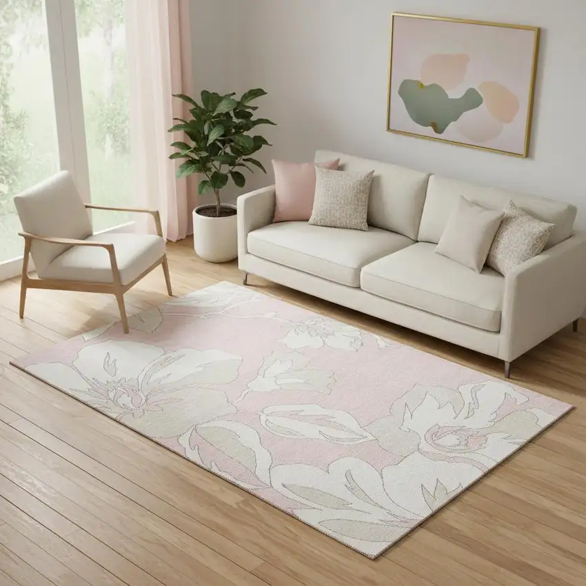 Pink And Ivory Floral Washable Area Rug With UV Protection Photo 1