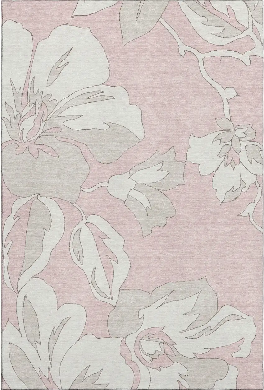Pink And Ivory Floral Washable Area Rug With UV Protection Photo 1