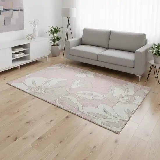 Pink And Ivory Floral Washable Area Rug With UV Protection Photo 2
