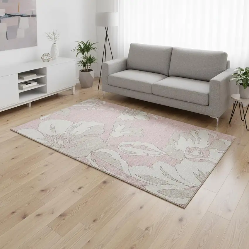 Pink And Ivory Floral Washable Area Rug With UV Protection Photo 2