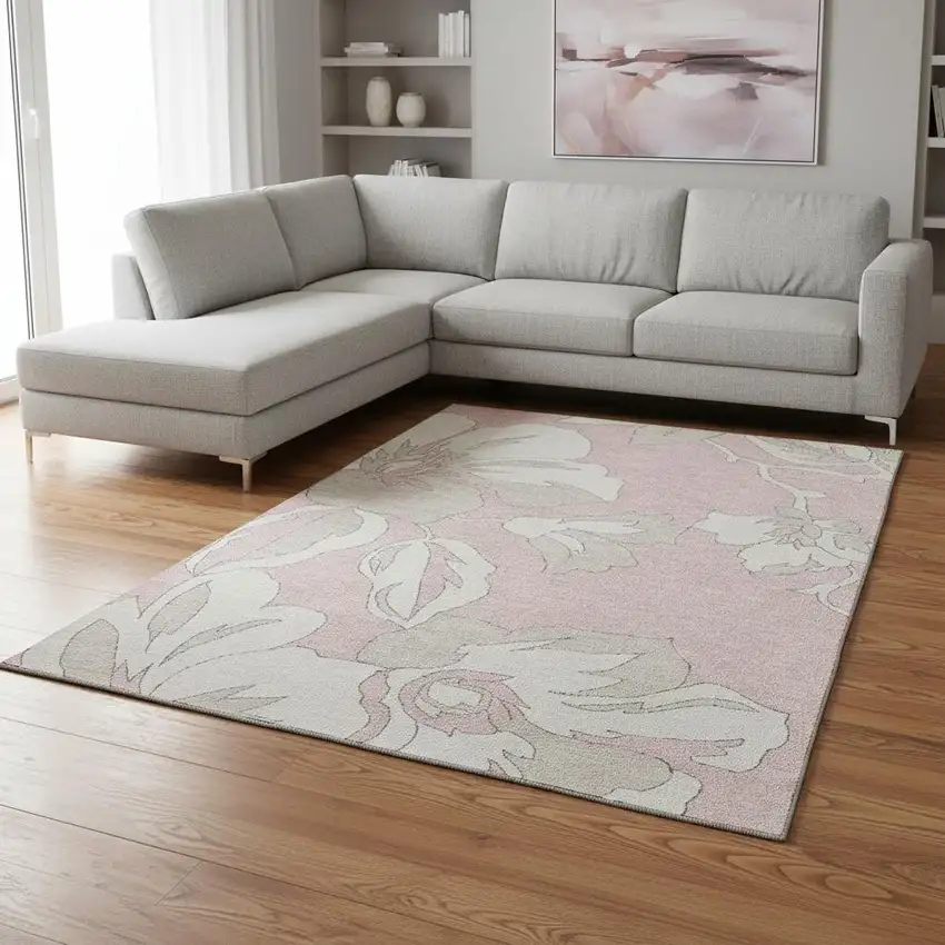 Pink And Ivory Floral Washable Area Rug With UV Protection Photo 2