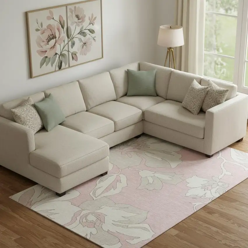 Pink And Ivory Floral Washable Area Rug With UV Protection Photo 1