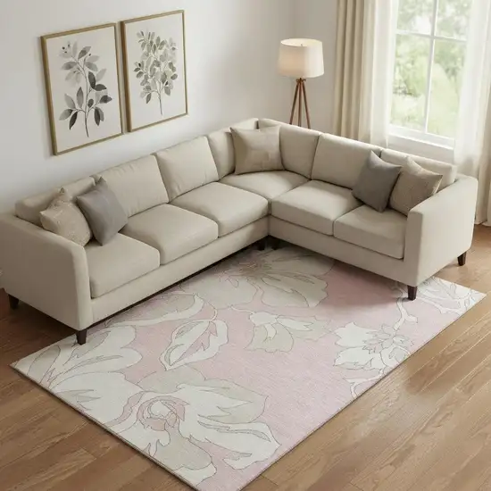 Pink And Ivory Floral Washable Area Rug With UV Protection Photo 1