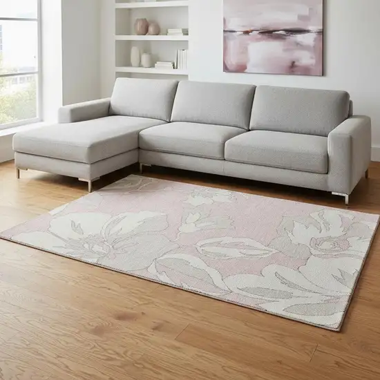 Pink And Ivory Floral Washable Area Rug With UV Protection Photo 2