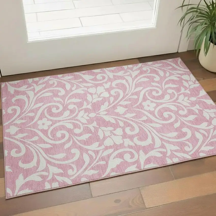Pink And Ivory Floral Washable Area Rug With UV Protection Photo 1