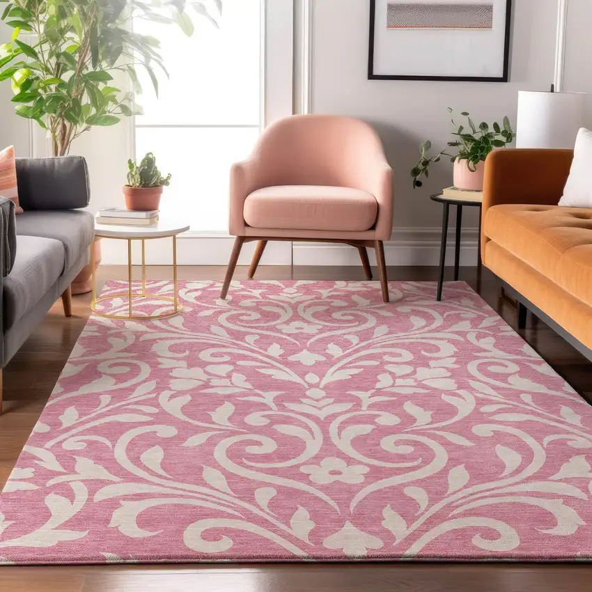 Pink And Ivory Floral Washable Area Rug With UV Protection Photo 5