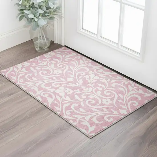 Pink And Ivory Floral Washable Area Rug With UV Protection Photo 2