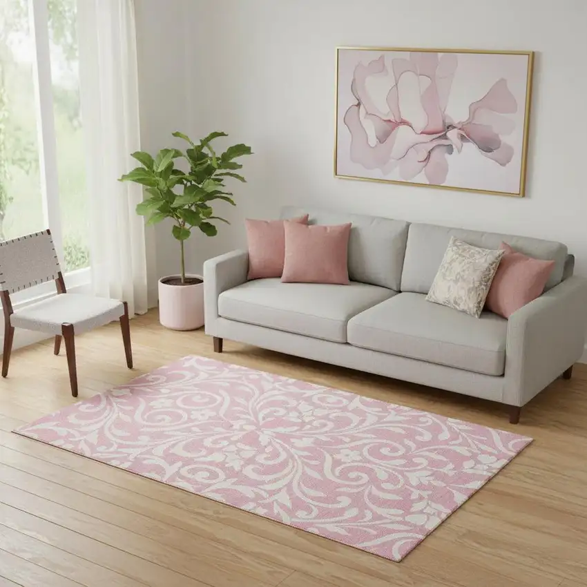 Pink And Ivory Floral Washable Area Rug With UV Protection Photo 1