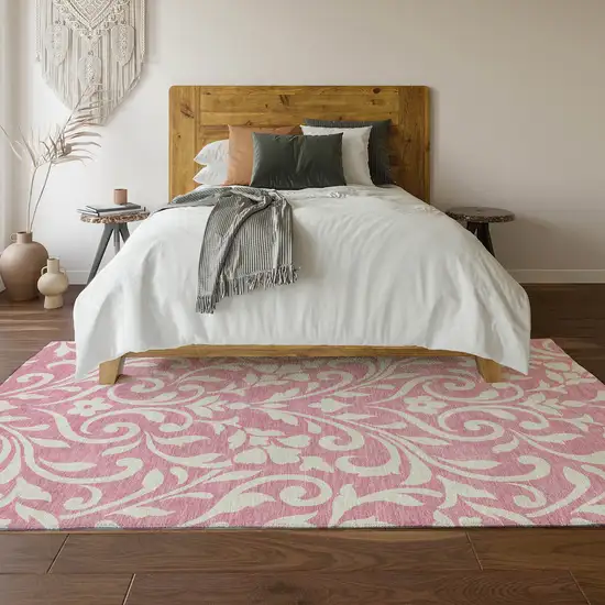 Pink And Ivory Floral Washable Area Rug With UV Protection Photo 6