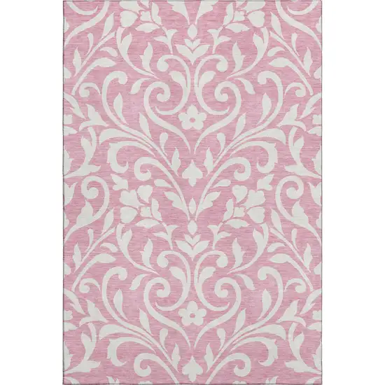 Pink And Ivory Floral Washable Area Rug With UV Protection Photo 1