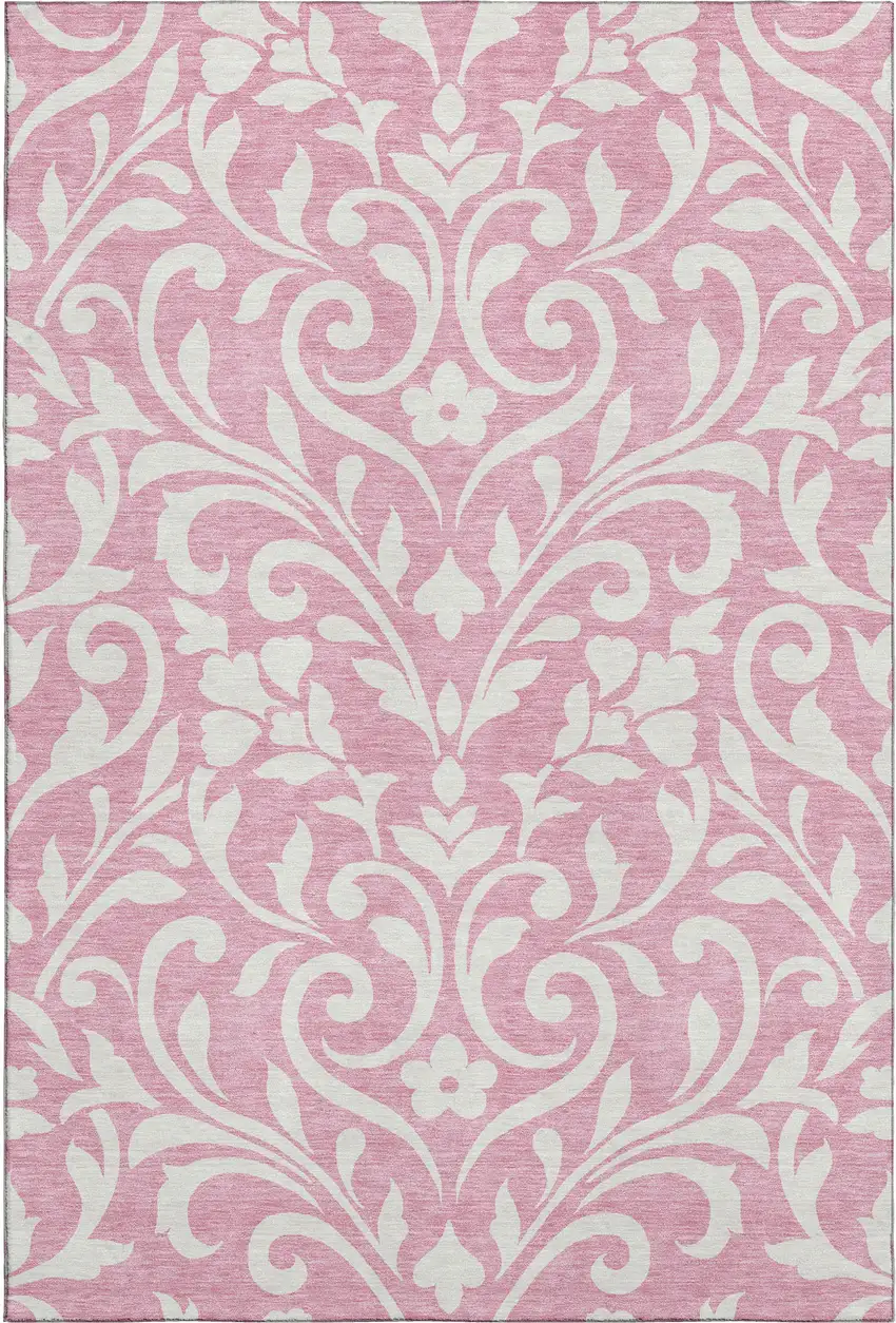 Pink And Ivory Floral Washable Area Rug With UV Protection Photo 1
