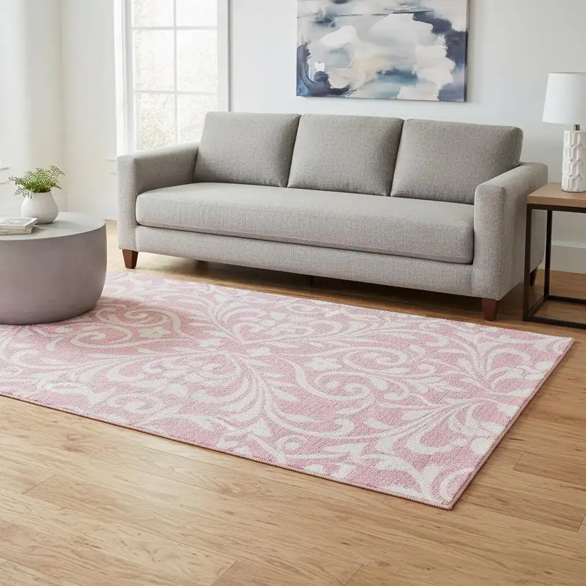 Pink And Ivory Floral Washable Area Rug With UV Protection Photo 2