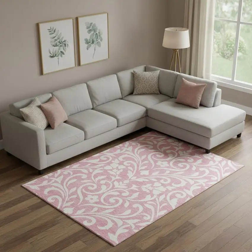 Pink And Ivory Floral Washable Area Rug With UV Protection Photo 1