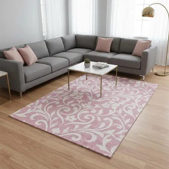 Pink And Ivory Floral Washable Area Rug With UV Protection Photo 2