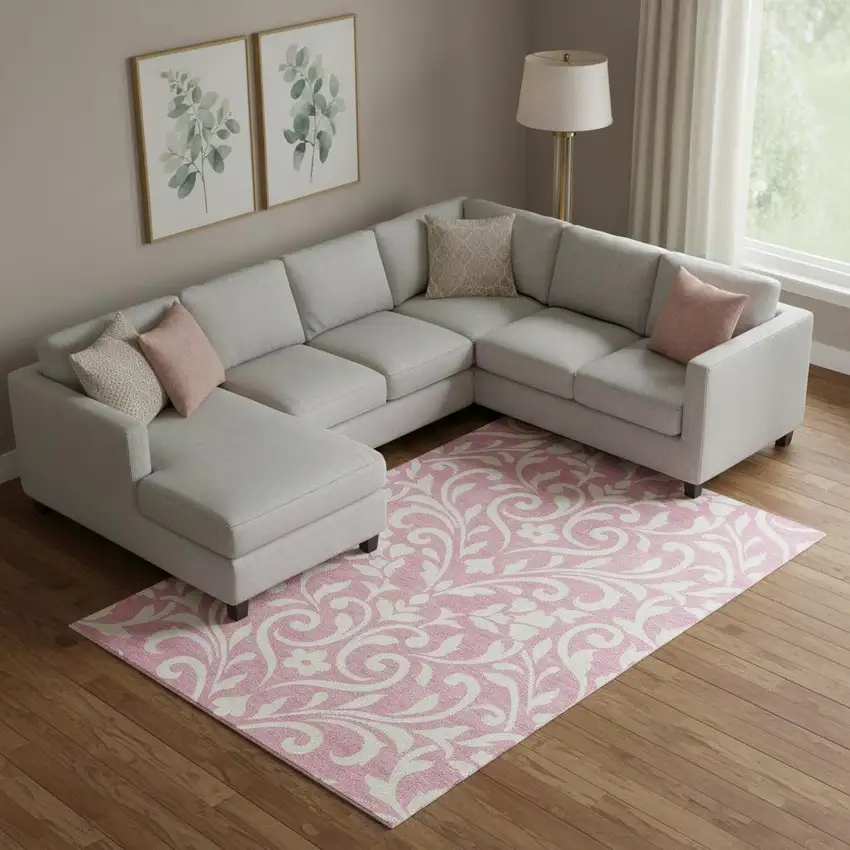 Pink And Ivory Floral Washable Area Rug With UV Protection Photo 1