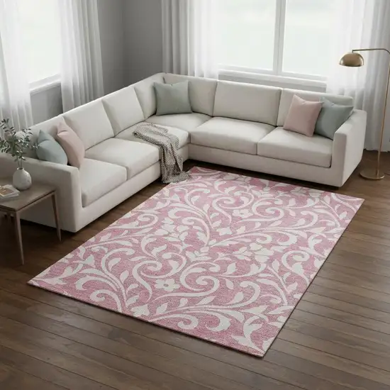Pink And Ivory Floral Washable Area Rug With UV Protection Photo 2