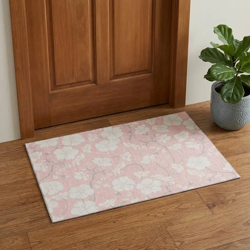 Pink And Ivory Floral Washable Area Rug With UV Protection Photo 1