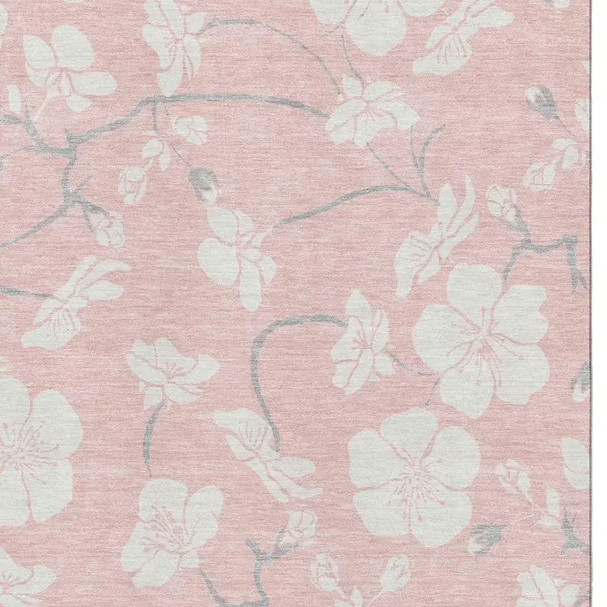 Pink And Ivory Floral Washable Area Rug With UV Protection Photo 2