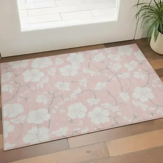 Pink And Ivory Floral Washable Area Rug With UV Protection Photo 2