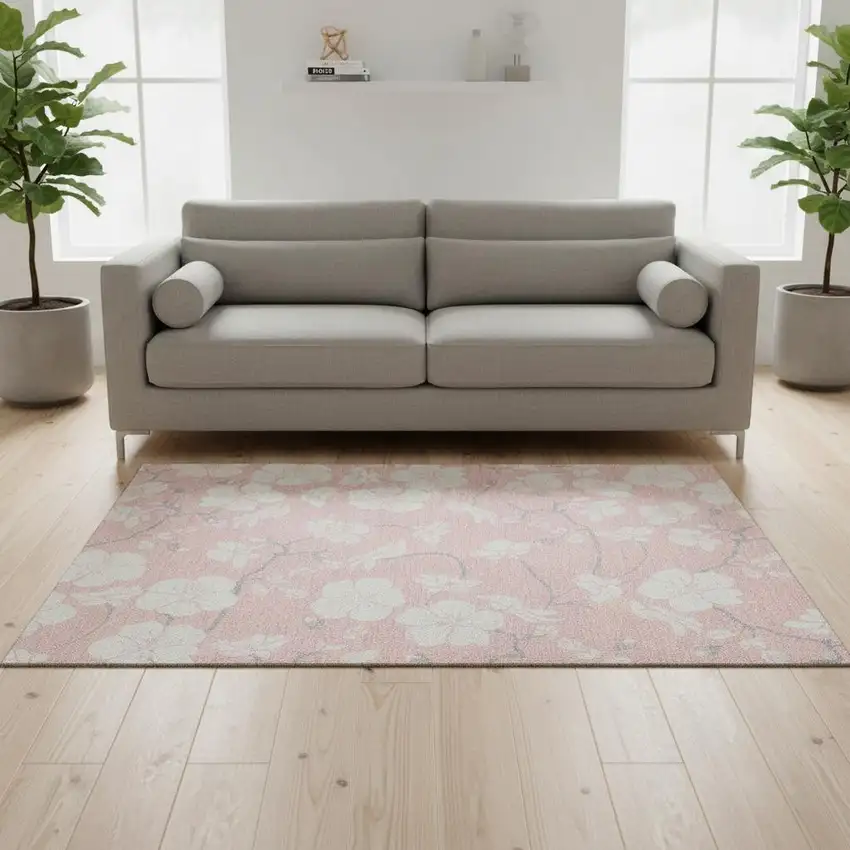 Pink And Ivory Floral Washable Area Rug With UV Protection Photo 2