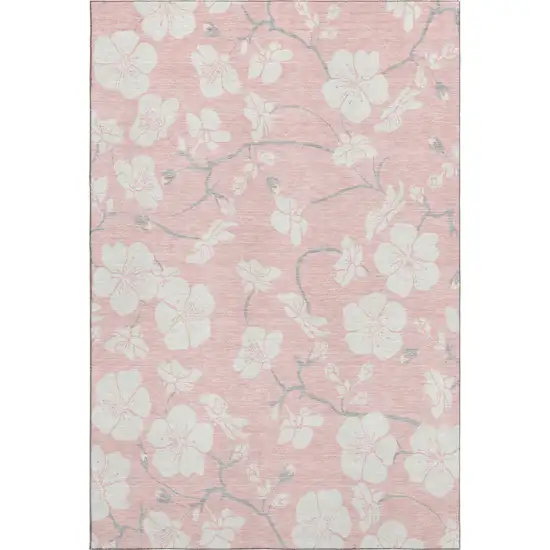Pink And Ivory Floral Washable Area Rug With UV Protection Photo 1