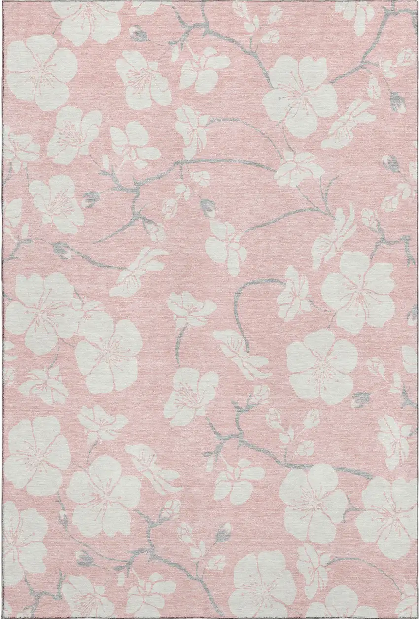 Pink And Ivory Floral Washable Area Rug With UV Protection Photo 1