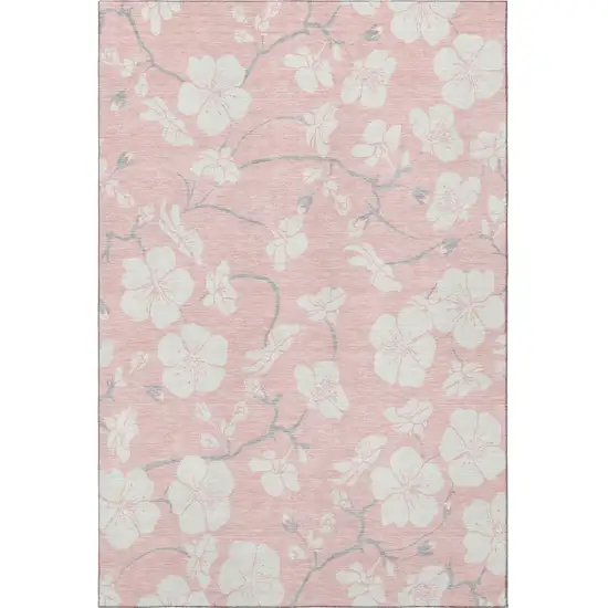 Pink And Ivory Floral Washable Area Rug With UV Protection Photo 3