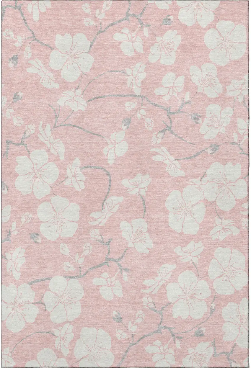 Pink And Ivory Floral Washable Area Rug With UV Protection Photo 3