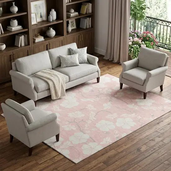 Pink And Ivory Floral Washable Area Rug With UV Protection Photo 1