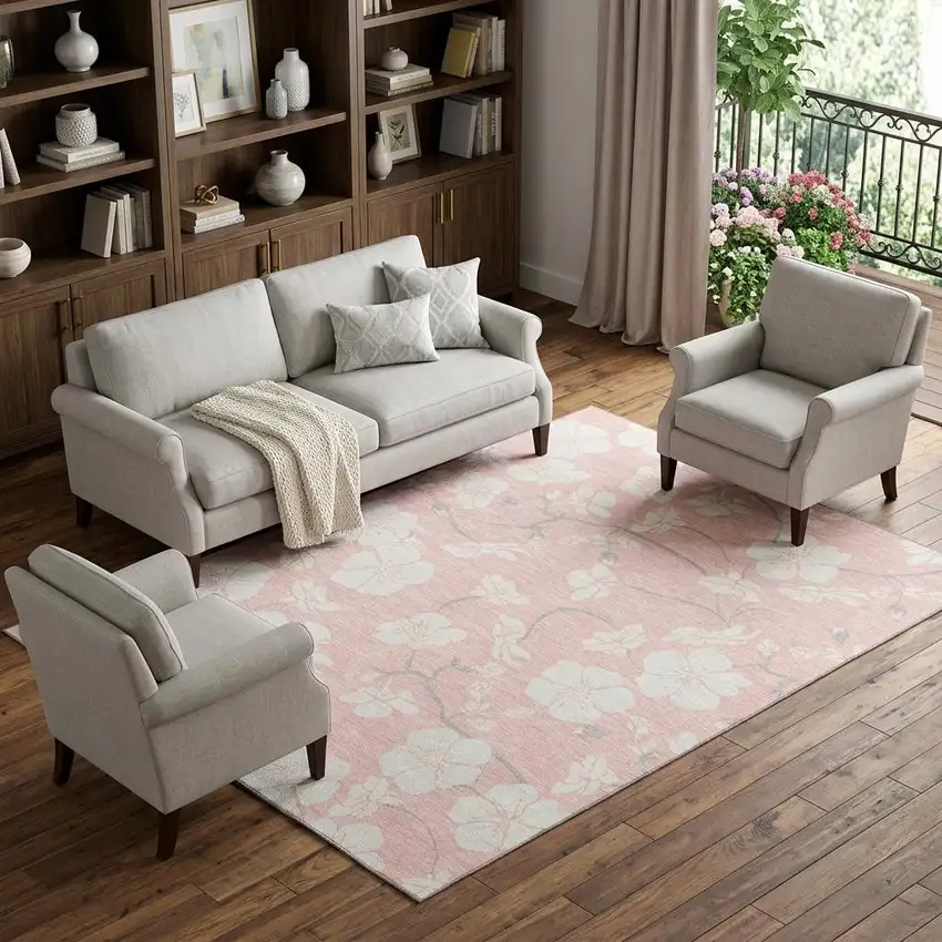 Pink And Ivory Floral Washable Area Rug With UV Protection Photo 1