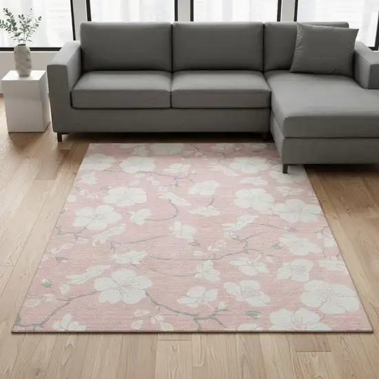Pink And Ivory Floral Washable Area Rug With UV Protection Photo 2