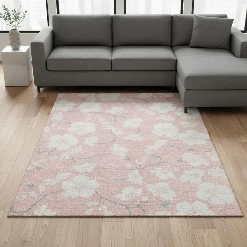 Pink And Ivory Floral Washable Area Rug With UV Protection Photo 2