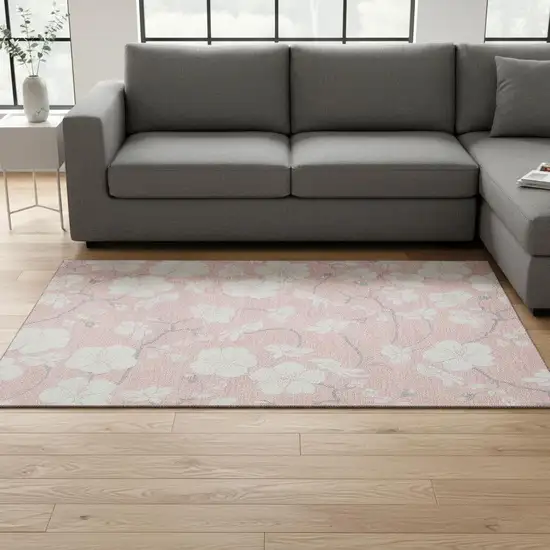 Pink And Ivory Floral Washable Area Rug With UV Protection Photo 2