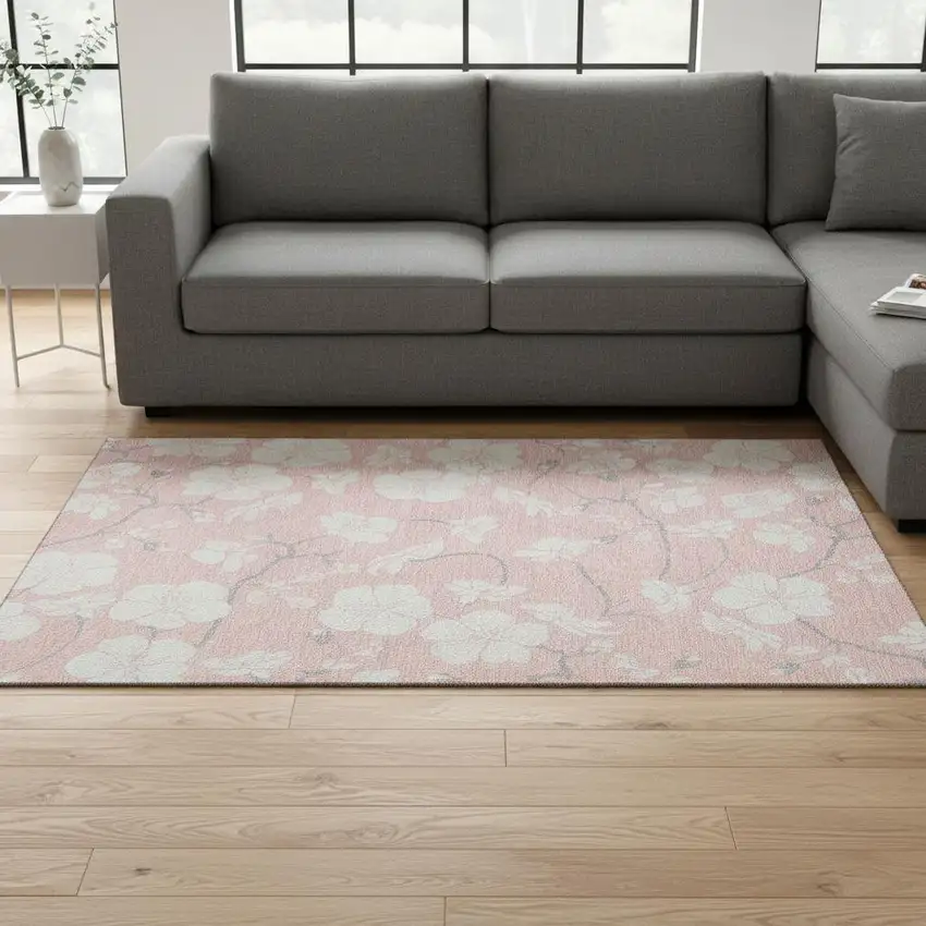 Pink And Ivory Floral Washable Area Rug With UV Protection Photo 2