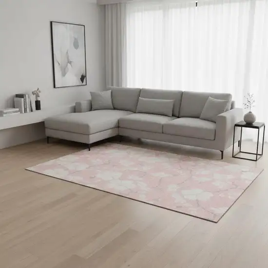 Pink And Ivory Floral Washable Area Rug With UV Protection Photo 2