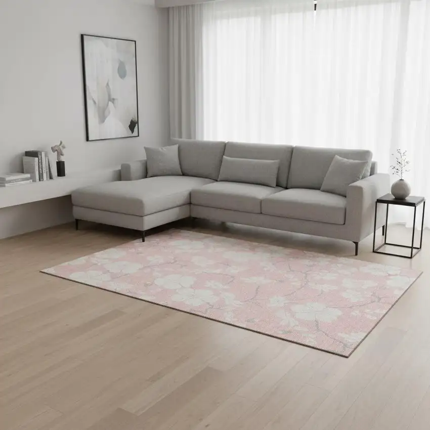 Pink And Ivory Floral Washable Area Rug With UV Protection Photo 2