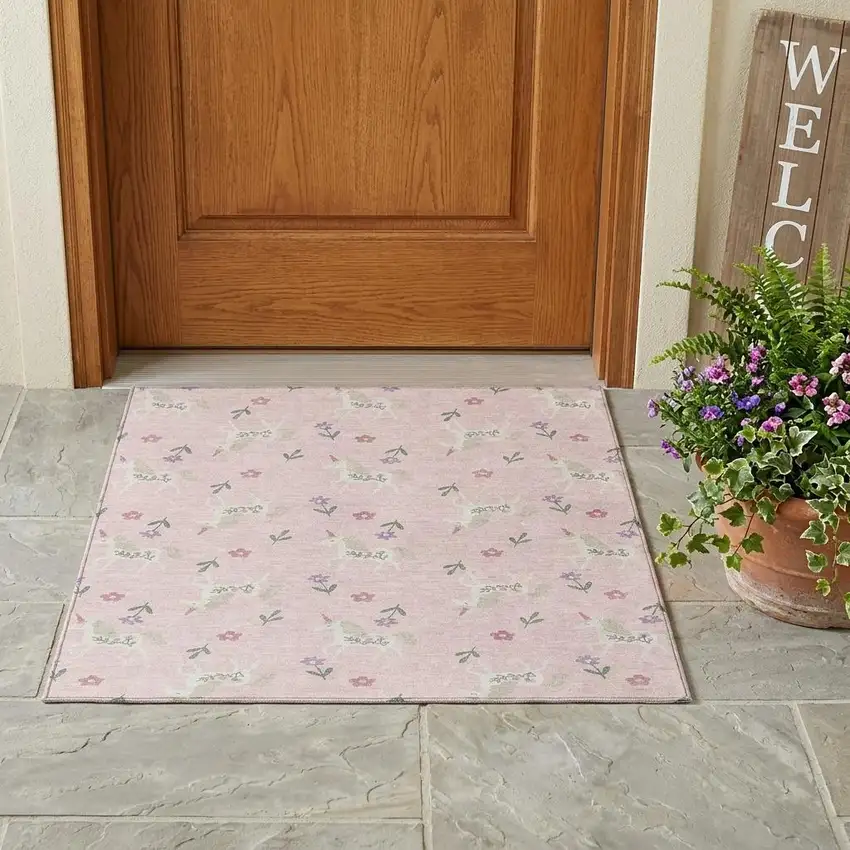 Pink And Ivory Floral Washable Indoor Outdoor Area Rug Photo 1