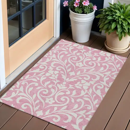 Pink And Ivory Floral Washable Indoor Outdoor Area Rug Photo 1