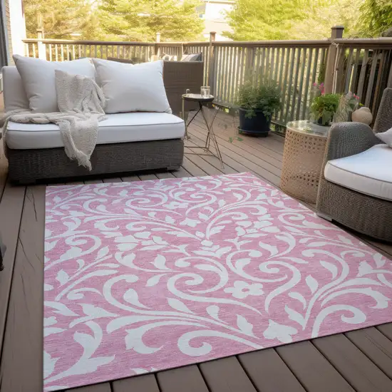 Pink And Ivory Floral Washable Indoor Outdoor Area Rug Photo 9