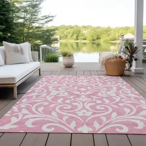Photo of Pink And Ivory Floral Washable Indoor Outdoor Area Rug