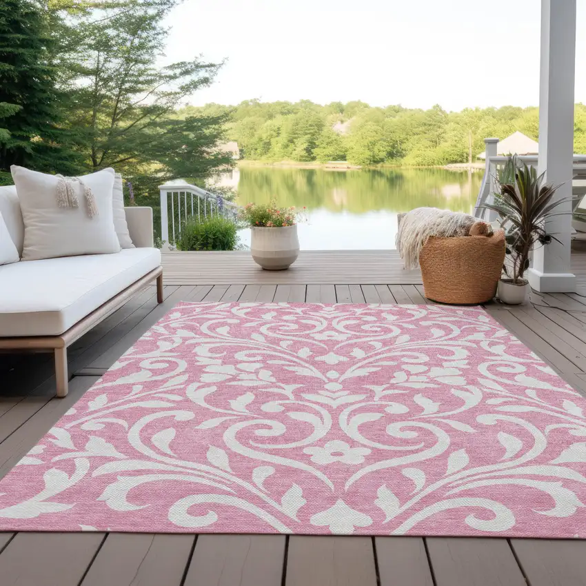 Pink And Ivory Floral Washable Indoor Outdoor Area Rug Photo 8