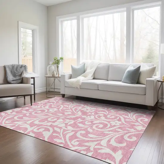Pink And Ivory Floral Washable Indoor Outdoor Area Rug Photo 9