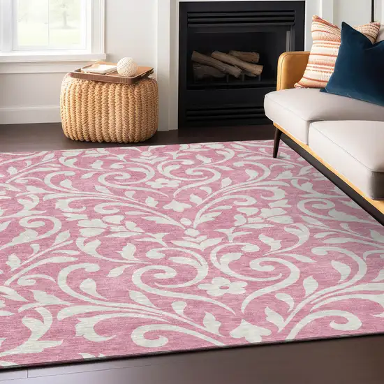 Pink And Ivory Floral Washable Indoor Outdoor Area Rug Photo 8
