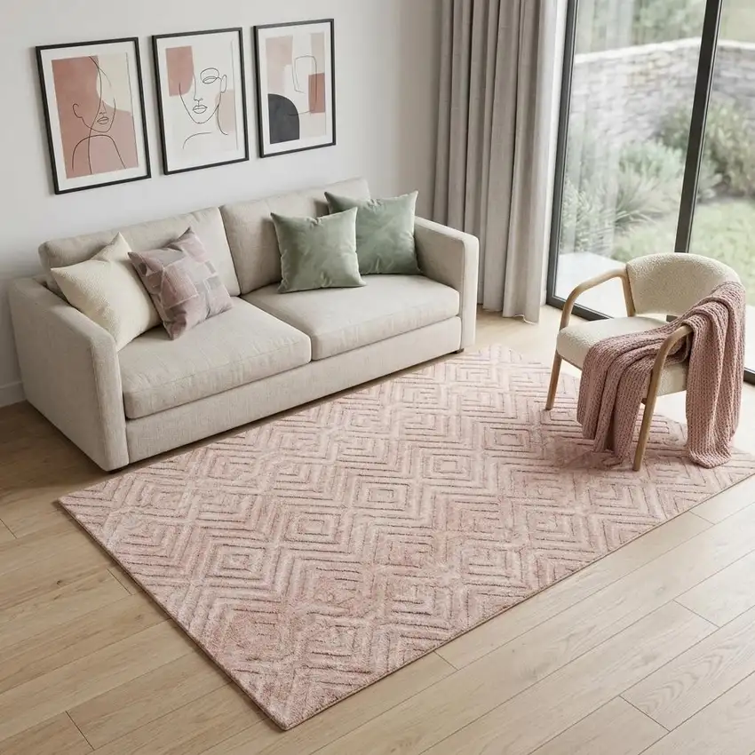 Pink And Ivory Geometric Stain Resistant Area Rug Photo 1