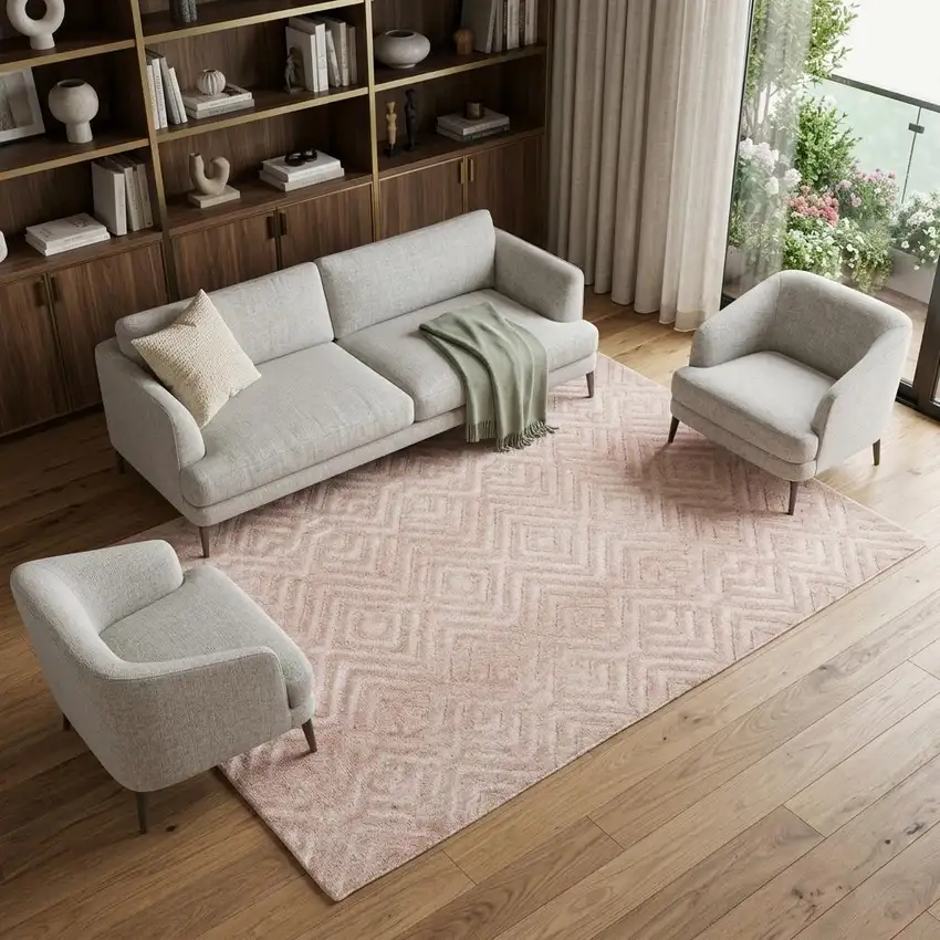 Pink And Ivory Geometric Stain Resistant Area Rug Photo 1
